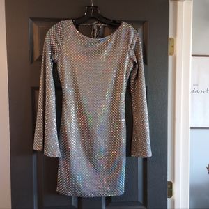 Metallic Sequin Bodycon mini dress shimmery Sexy open back Hollywood regency NWT